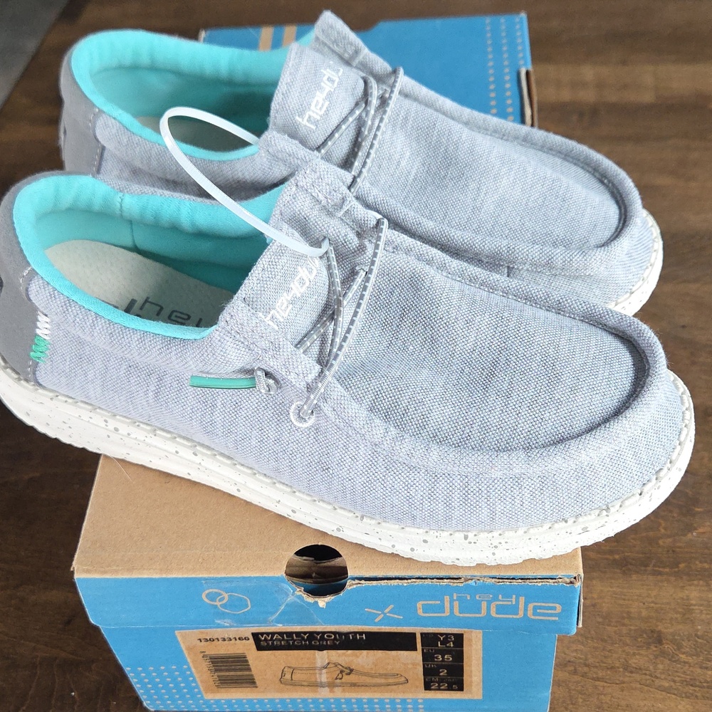 Hey Dude Size 3 Wally Youth Slip-On Shoes — Light Gray with Aqua Lining
